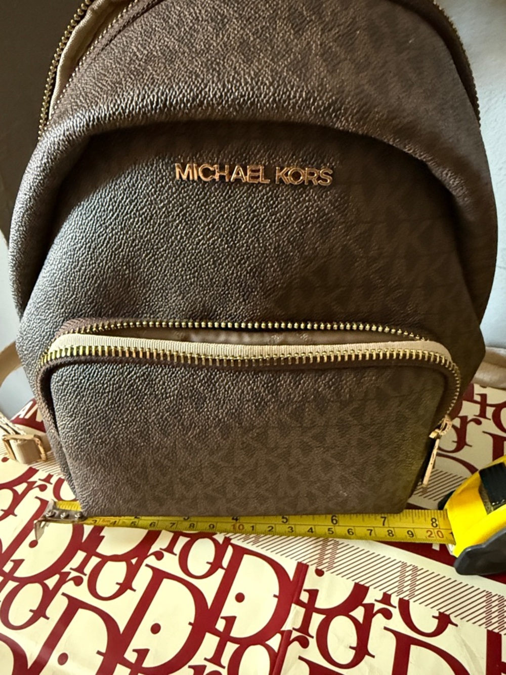 Michael Kors Brown Monogram Mini Backpack with Tan Straps - Picture 3 of 9